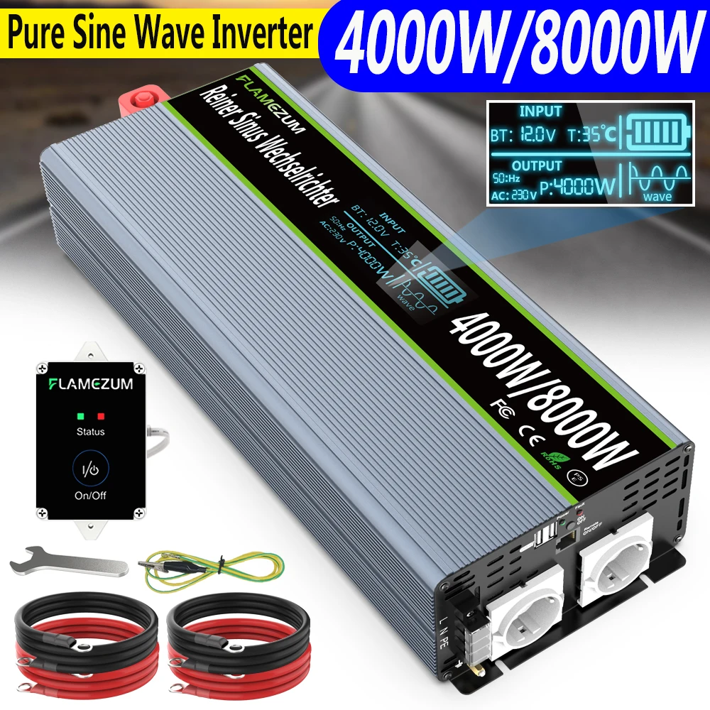 Pure Sine Wave Power Inverter 4000W 8000W DC 12V to AC 230V Converter 24V 120V 220V 240V USB Port LCD Display Remote Control