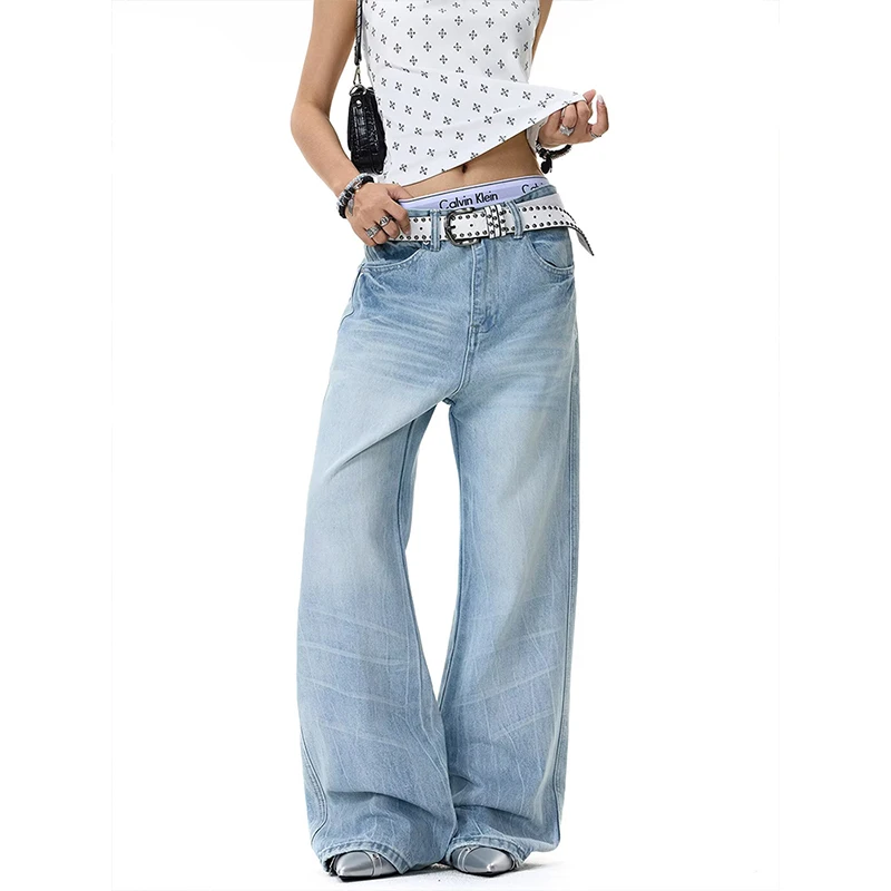

Vintage Y2k Embroidery Jeans Women Blue High Waist Straight Baggy Denim Trousers American Retro Street Wide Leg Jeans