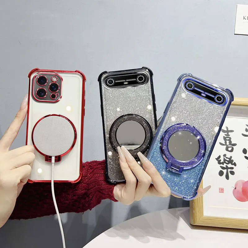 Four Corners Shockproof Glitter Case for Tecno Spark Slim Magnetic Mirror Holder Silicone Case for Tecno Pova Slim Stand Shell - view 3