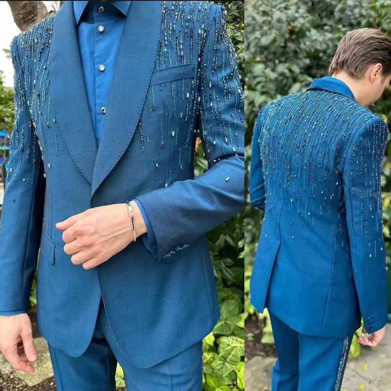 

Stylish Beaded 2 Pieces Men Suits Shawl Lapel Single Breasted Jacket Blazers Prom Male Party Customized Outfits