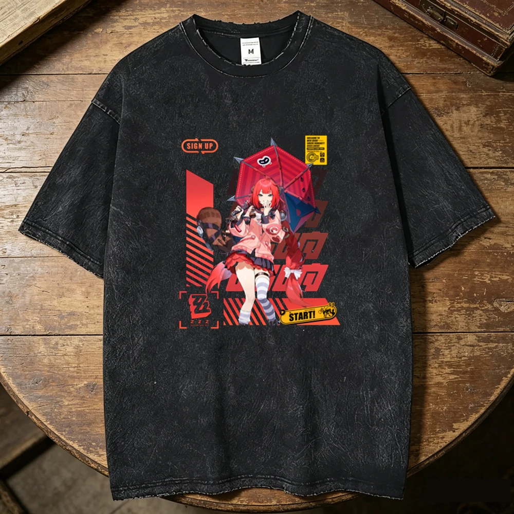 Zenless Zone Zero Vintage Washed cotton tshirt men streetwear Vintage graphic anime Gothic top tees streetwear Digital Trendy