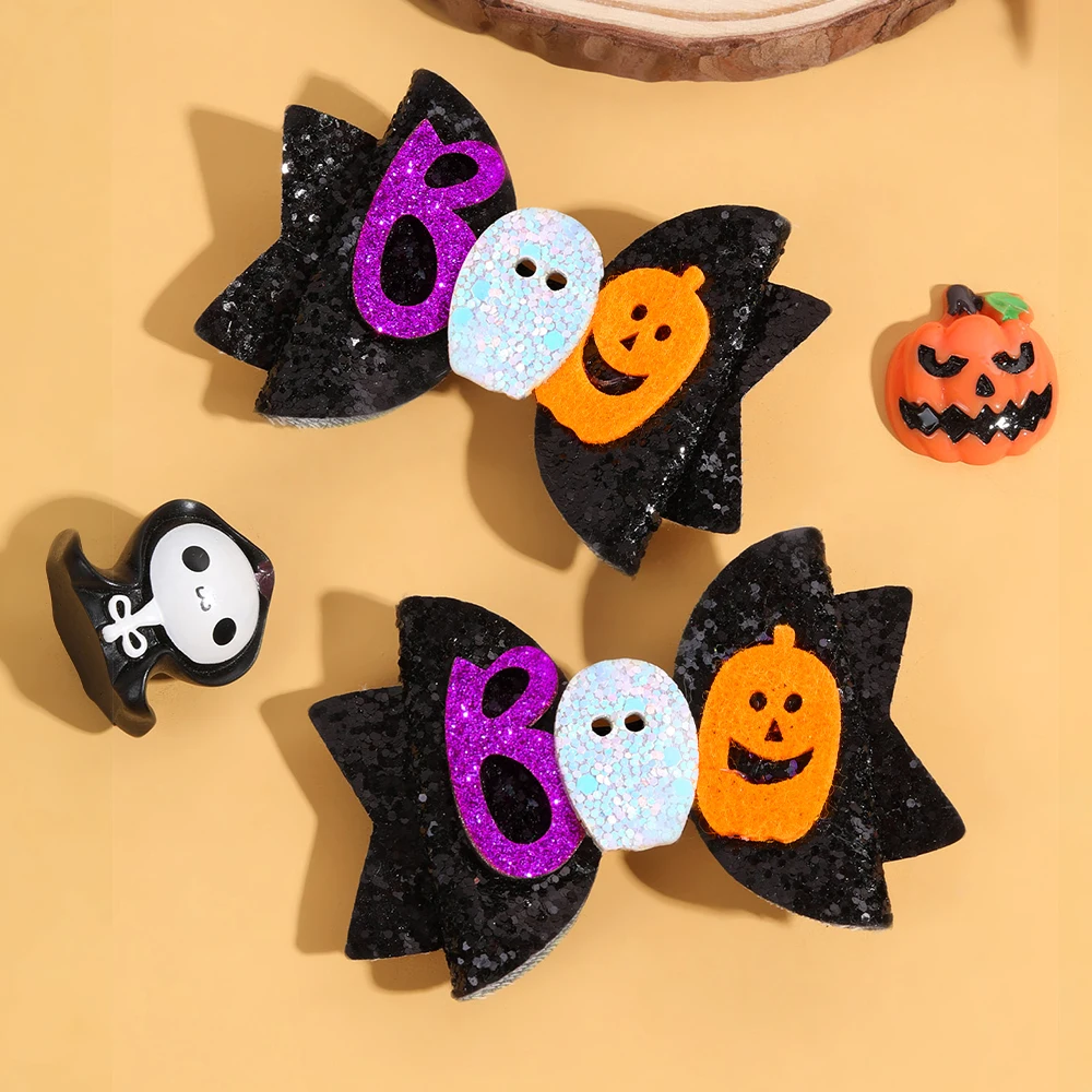 2Pcs Halloween Glitter Bow Hair Clips Glittering Ghost Pumpkin Bownot Hairpins For Girls Kids Party Headwear Hair Accessories