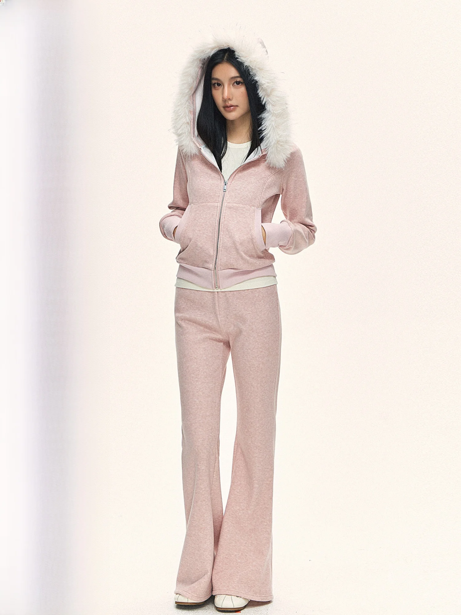 

Pink Hooded Jaet with Fur Trim Inner Fce Women's Autumn Winter Casual Sports Suit Two-Piece Set 0PASSION Brand