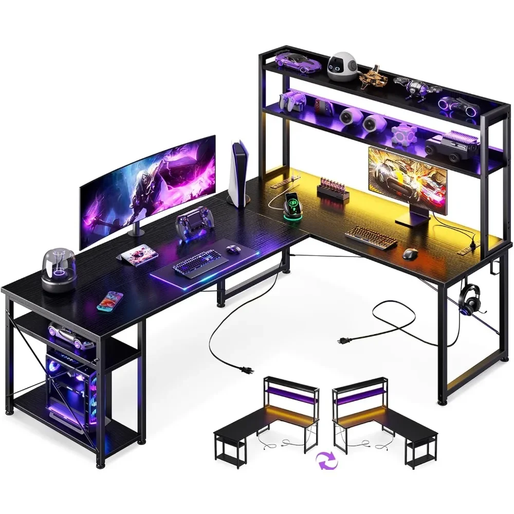 L Shaped Gaming Desk with Hutch & Power Outlets & LED Strips & Monitor Stand,  Reversible Computer Desk with Storage