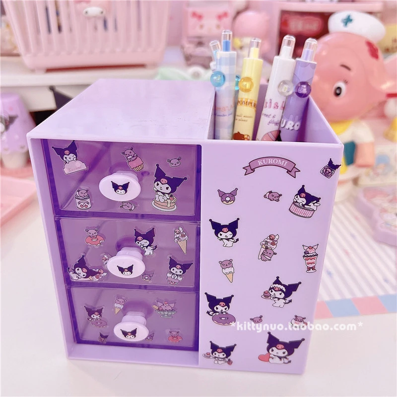 Sanrio Kawaii Cinnamoroll Organizer Box Anime My Melody DIY Sticker Translucent Drawer Stationery Cosmetic Desktop Storage Box