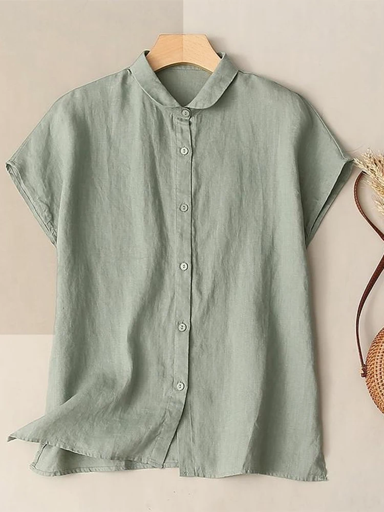 

Свободный крой из чистого льна ort Sve irt с воротником-стойкой, корейский повседневный женский топ из смеси хлопка и льна, летний модный женский топ