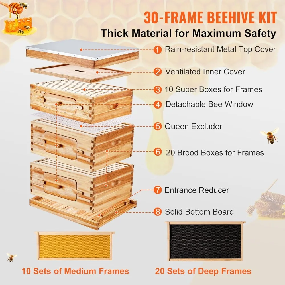 VEVOR Bee Hive 10 Frame Bee Hives Starter Kit، خشب التنوب المطلي بشمع العسل، 2 عميق + 1 صندوق نحل متوسط طقم خلية النحل Langstroth، Tran
