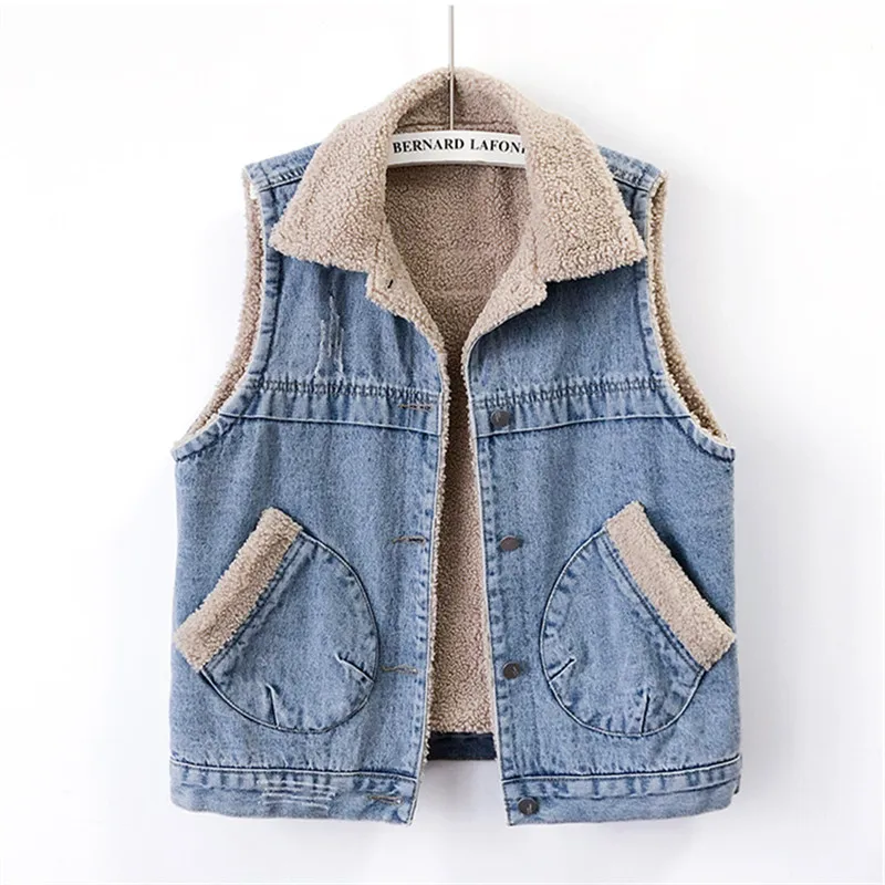 

Winter Lambswool Denim Vest Women Waistcoat Loose Short Cowboy Sleeveless Jacket Coat Vintage Blue Pocket Jeans Vests Female