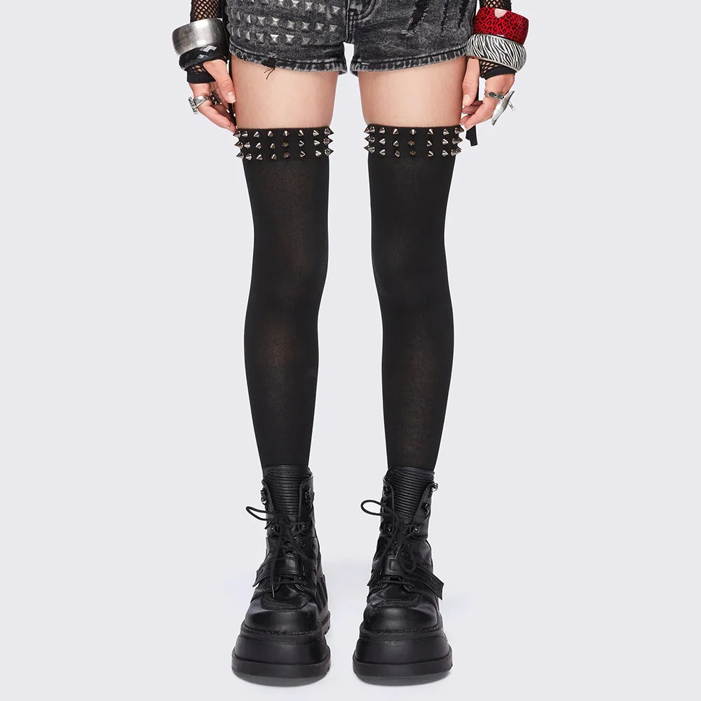 Y2K Gothic Punk Over The Knee Solid Polyester Stockings Spike Rivet Trim Elastic Non-slip Long Tube Socks Subculture Alt Hosiery view 3