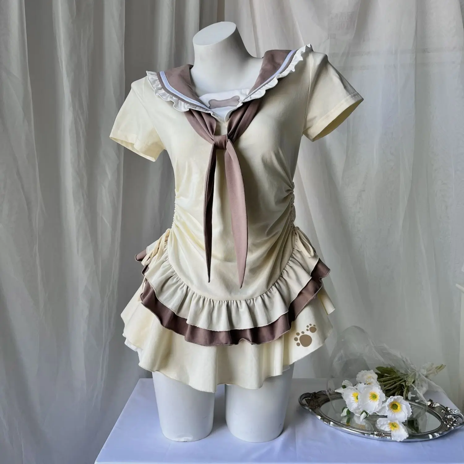 

Japanese Anime Sweetheart Soft Girl Dress Cute Teen Casual Short Skirt Short-Sleeve Summer New Drawstring Ruffles Mini Dress