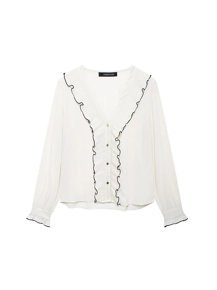 

2024 Autumn Ladies Fashion V-Neck Top Vintage Contrasting Color Women Pleated Layered Decorative Long Sleeved Shirt