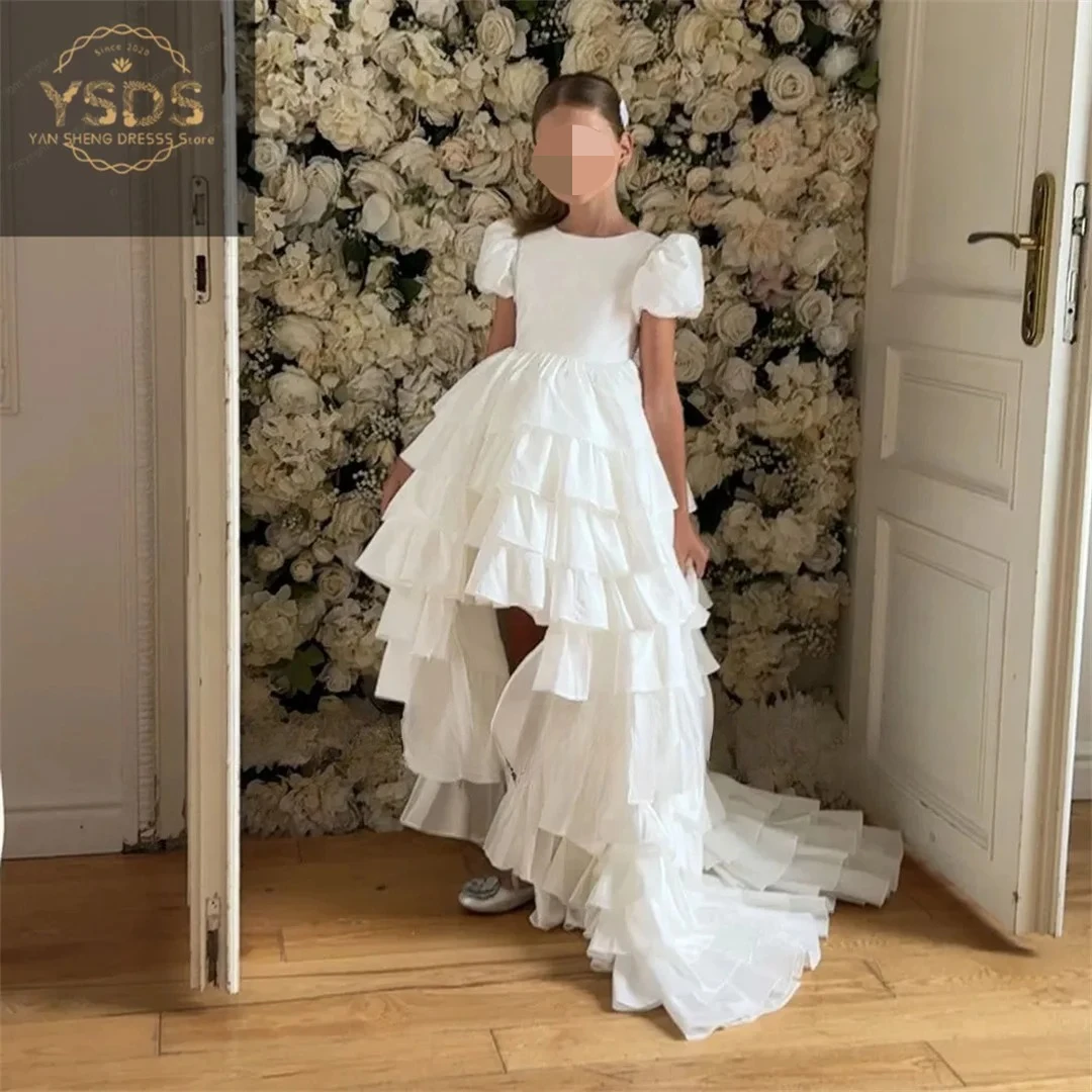 Elegant Lace Applique Short Sleeve A Line Formal First Communion Dress Floor Length Long Ball Flower Girl Gown Customizd