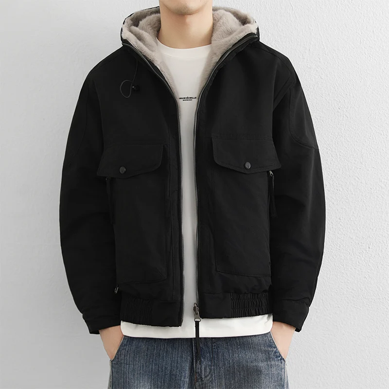 Fashion Men\'s Mid-Length Hooded Fleece Jackets Winter Windproof Fur Collar Thick Plush Coats Youth Streetwear Warm Padded Parkas