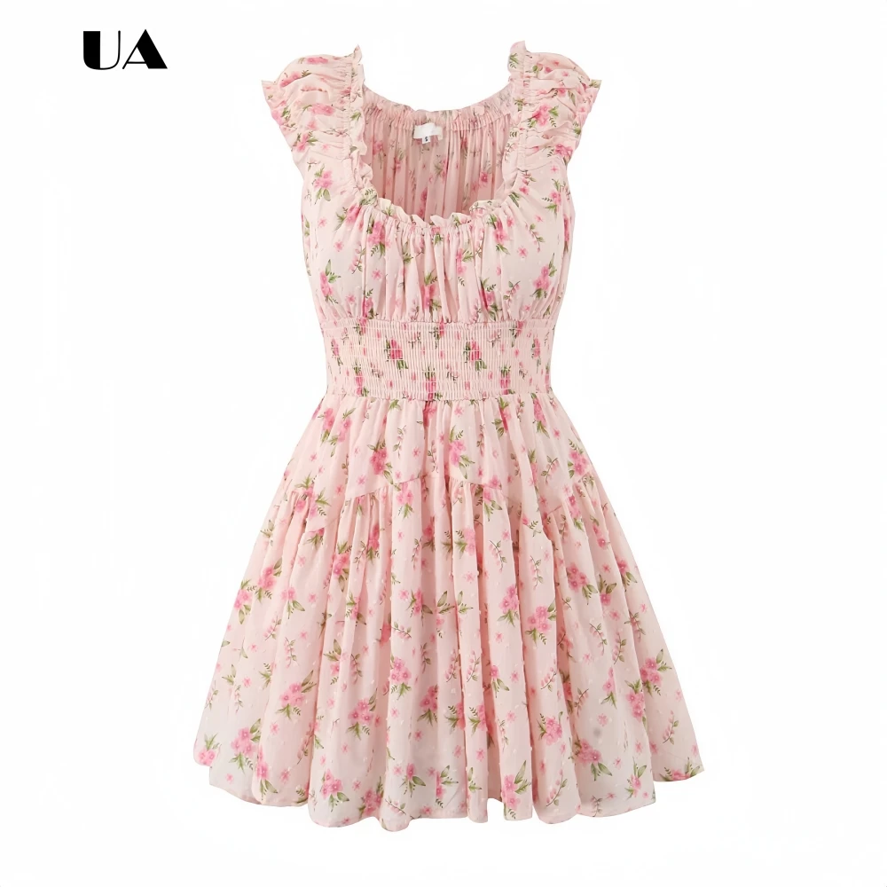 

ULBYANRY Sweet Printed Fit-and-flare Mini Dress with Ruffled Neckline Trendy Ruched Short Dress Fashionable Waist-cinching Dress