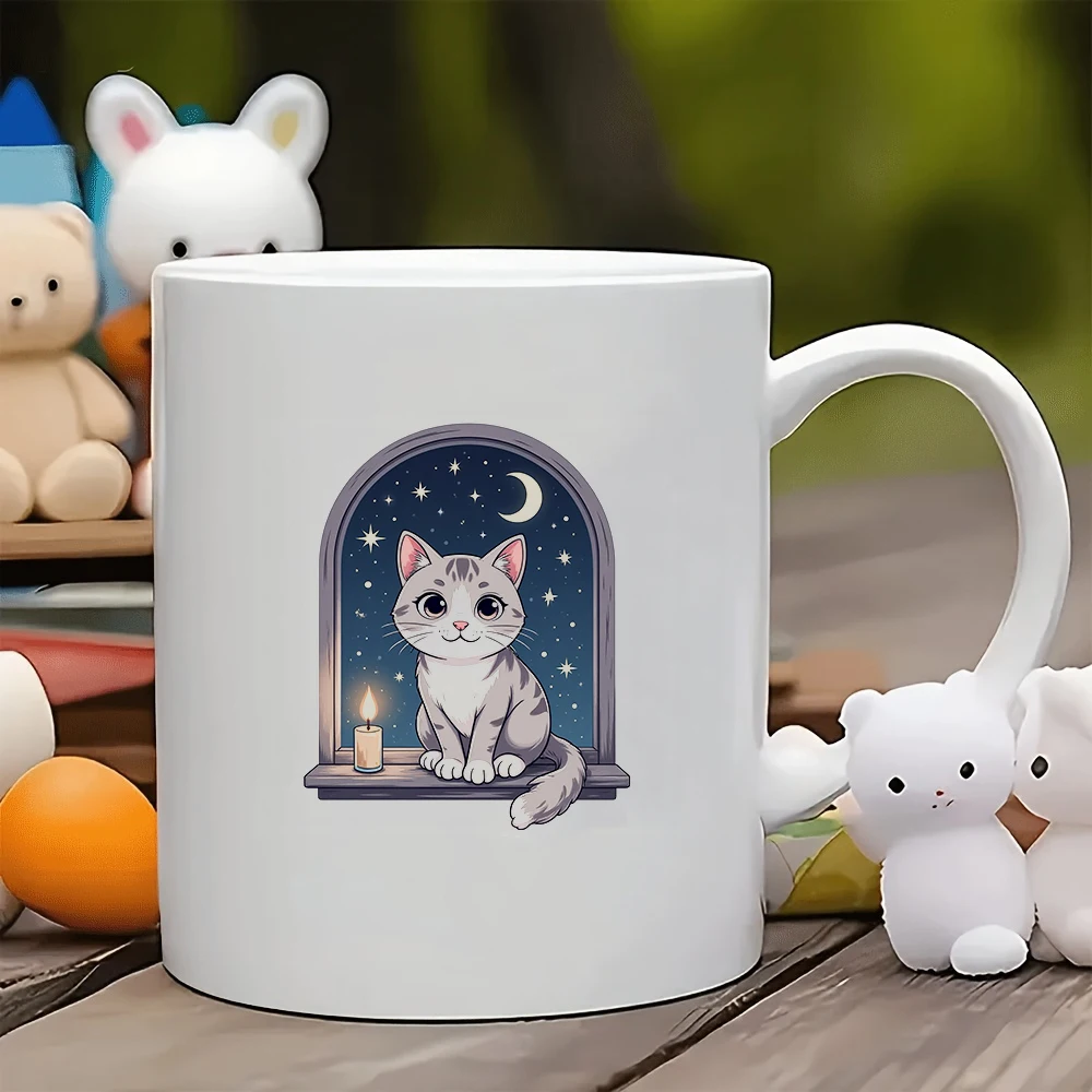 Kubek 330 ml z motywem kreskówkowego kota i konstelacji + Kubek kreatywny z motywem nocnego nieba, prezent świąteczny dla rodziny, do biura