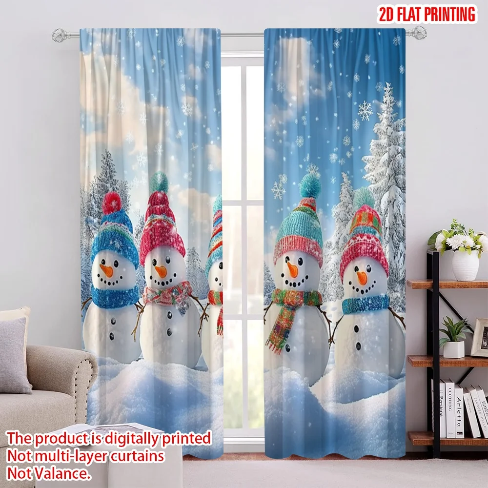 

2pcs 2D flat printing Christmas Window Drapes Winter Forest and Snowman Machine Washable Polyester Without Electricity Festive