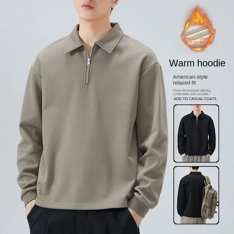 Mens Fleece Lined Lapel Long Sleeve Polo Shirt Autumn Winter Thick Warm Loose Casual Solid Color Male Knit Top