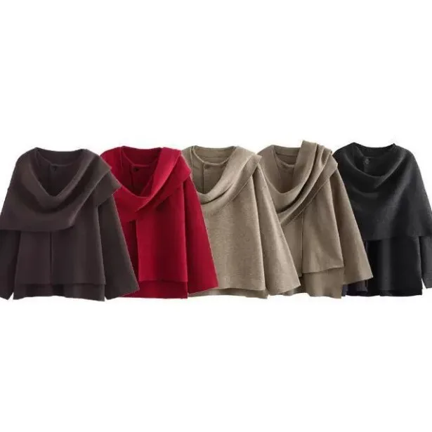 Patchwork Loose Fit Cape with Long Sleeve Single Row Multi Button Closure Round Neck Sweet and Fresh Autumn Cape Coat for Women