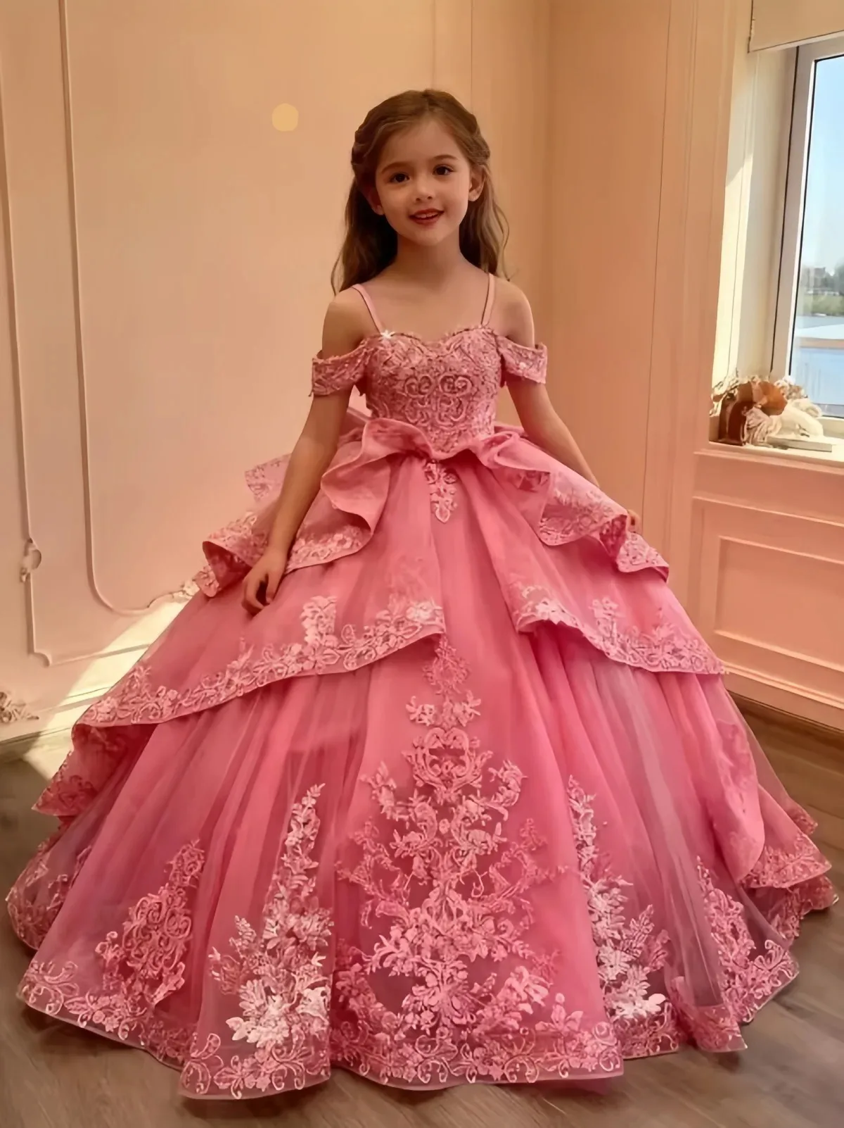 Luxury Satin Fluffy Knee Length Flowers Girl Dress Quality Beaded for Children Wedding Birthday Party Pageant Ball Gowns