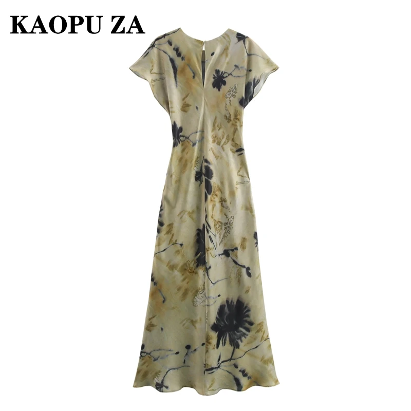 KAOPU ZA 2024 New Summer Woman\'s Casual O-Collar Short Sleeve Dress Maxi Skirt Female Vintage Print Ruffles Button Dresses Top