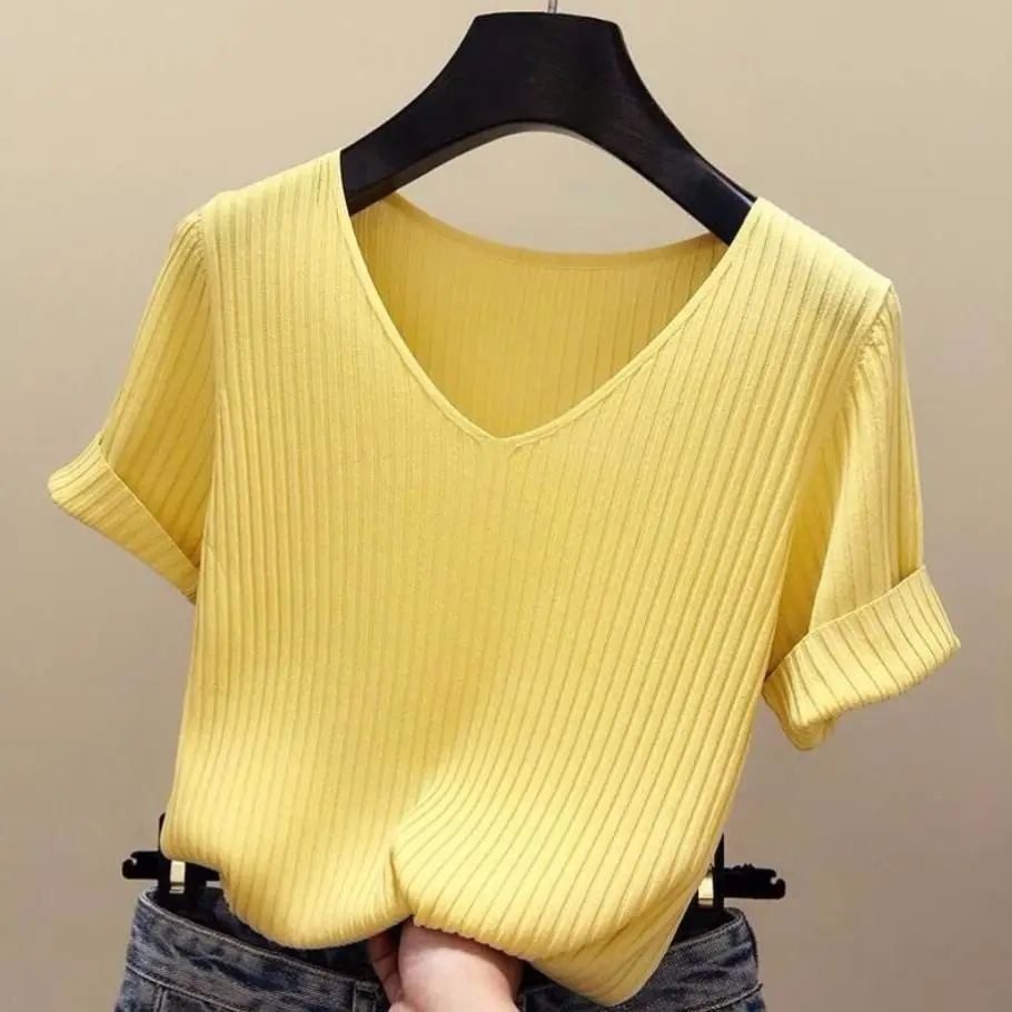 Yellow beauty Summer Thin Ventilation Office Lady Cloth Women T-shirts Knitting Crop Short Sleeve Stretchy T-shirt Ice silk Tops