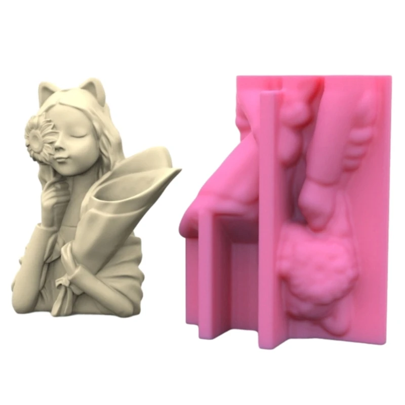 Flower Pots Silicone Mould Hair Girl Holding Flowers Pen Holder Mold DIY Making Gypsum Concrete Vase Molds Exploy Resin