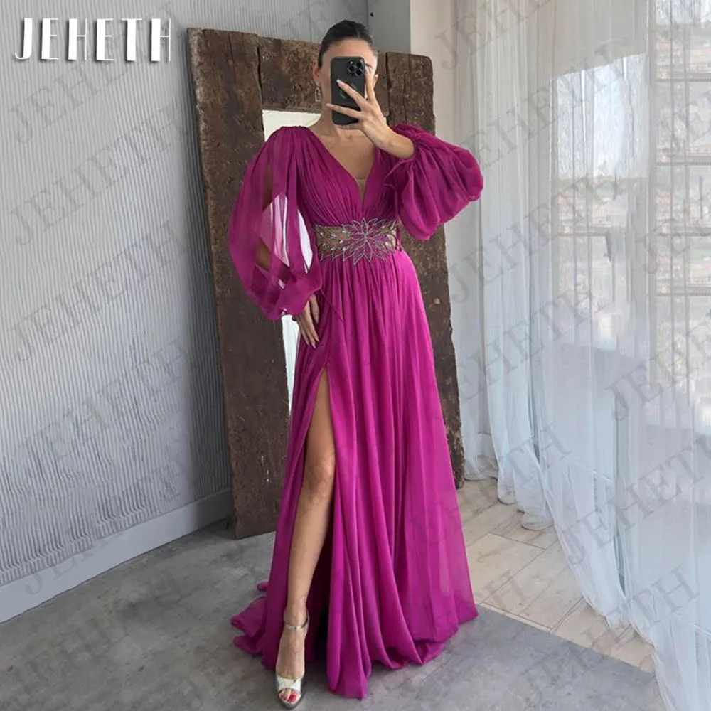 JEHETH Plum Chiffon Dubai Evening Dresses Luxury Puff Sleeves Beaded Split A Line V Neck Wedding Party Dress Women فساتين السهرة