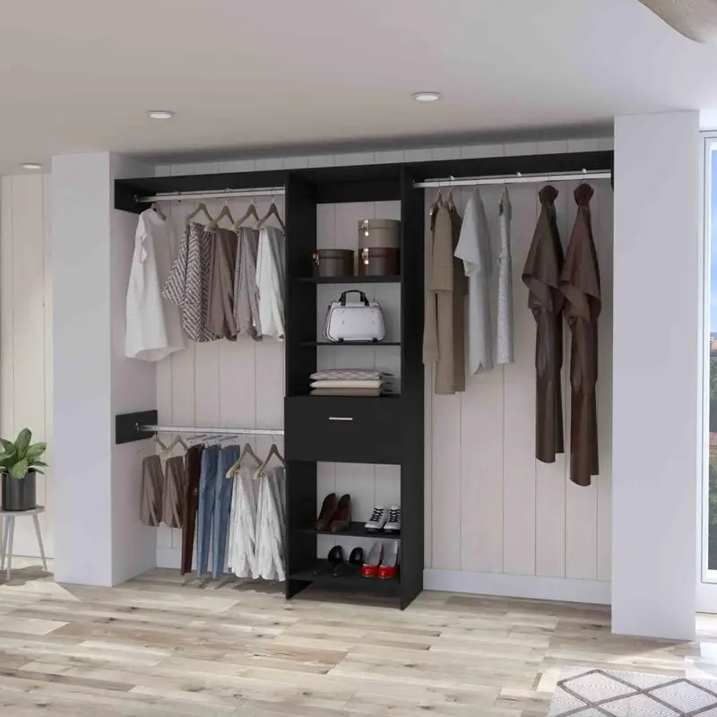 Cross Closet System with 1 Drawer, 3 Metal Rods & 5 Open Shelves for Organized Storage