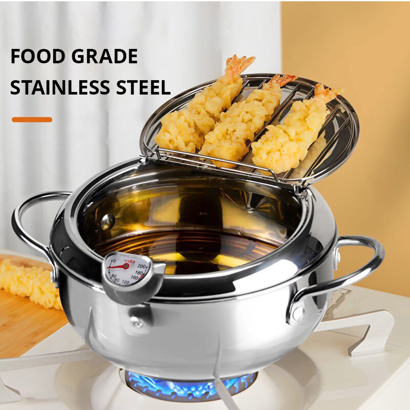 Japanese Deep Frying Pot with Thermometer and Lid 304 Stainless Steel Tempura Fryer Pan 20/24 cm Small Fryer for Kitchen Cooking