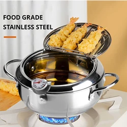 Japanese Deep Frying Pot with Thermometer and Lid 304 Stainless Steel Tempura Fryer Pan 20/24 cm Small Fryer for Kitchen Cooking