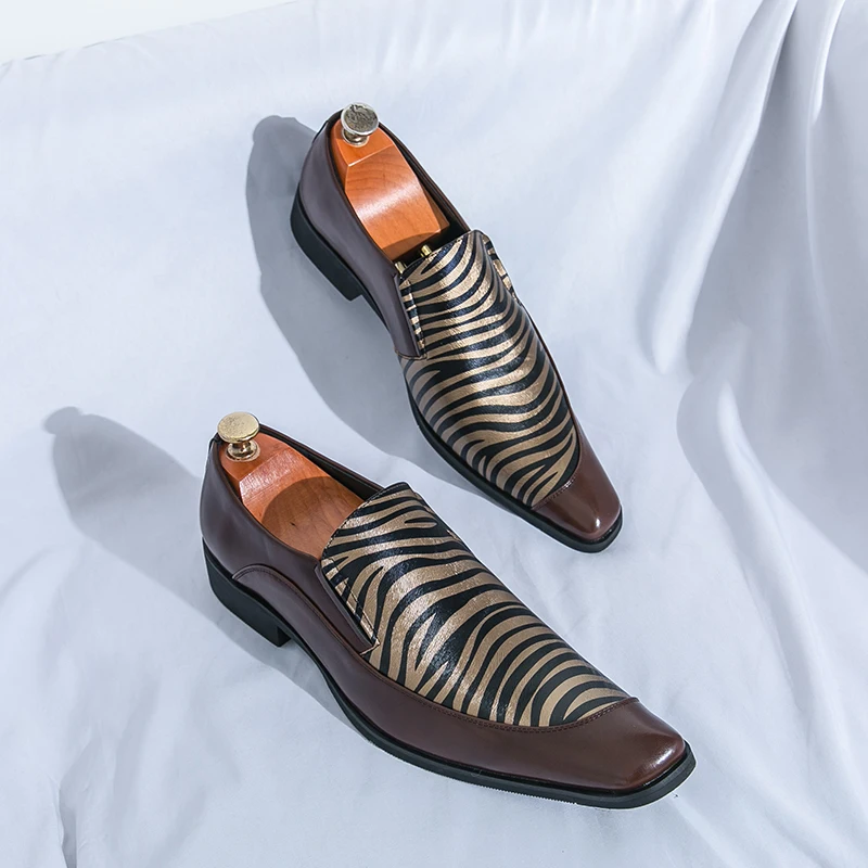 Striped Loafers Men PU Splicing Low Heel Comfortable Fashion Trend Hairstylist Nightclub Shoes Large Size 38-46