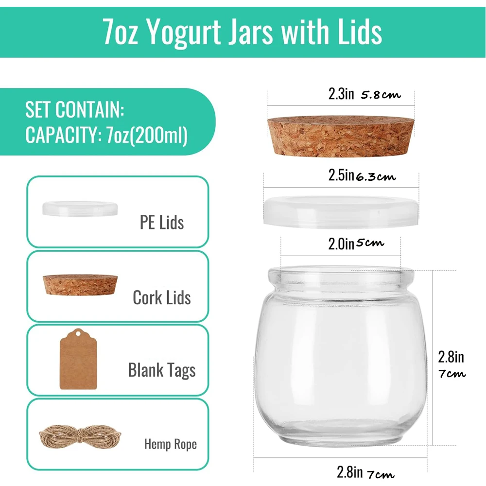 7 oz Glass Yogurt Jars Small Glass Jars with Cork Lids, Pudding Containers with PE Lids, Honey Jars for Wedding Favors, DIY Gift