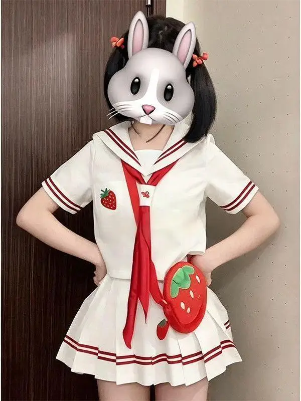 2026 Anime JK Uniform Strawberry Embroidery Short Sleeve Sailor Suit School Style Waist Cinched White Red Plaid Skirt Set image 2
