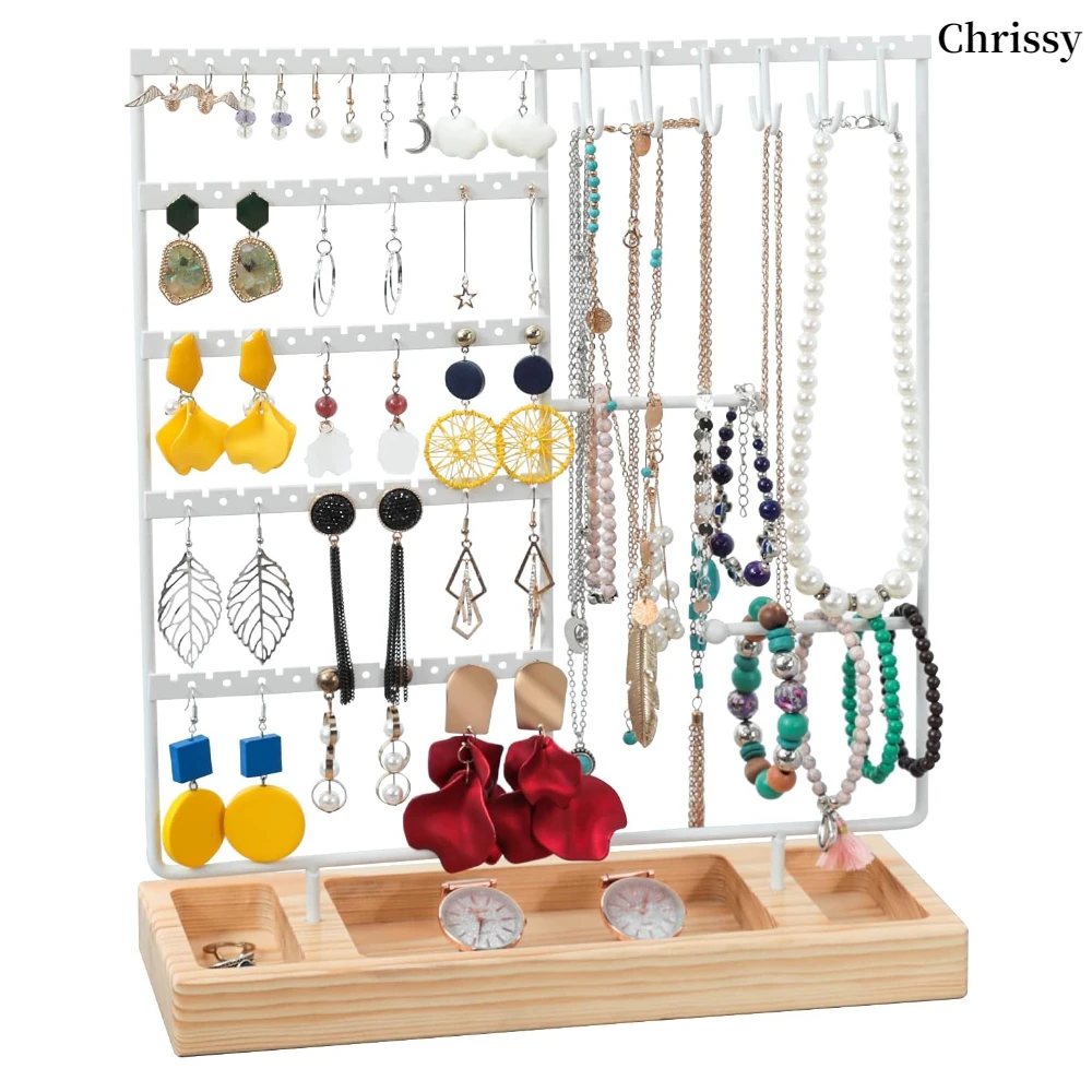 Earring Holder,5-Tier Ear Stud Holder with Wooden Tray,Jewelry Organizer Holder for Earrings Necklaces Bracelets Watches