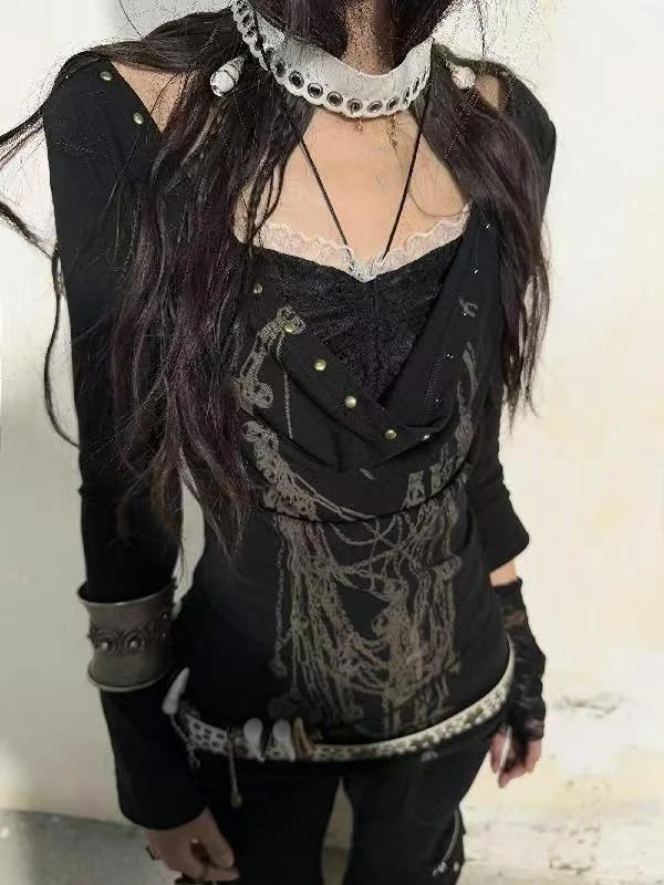 

2000-е годы Субкультура Панк Графические футболки Повседневная уличная одежда Готические женские топы Y2k Harajuku Корея Девушка Y2k Одежда Футболки Сексуальные тонкие