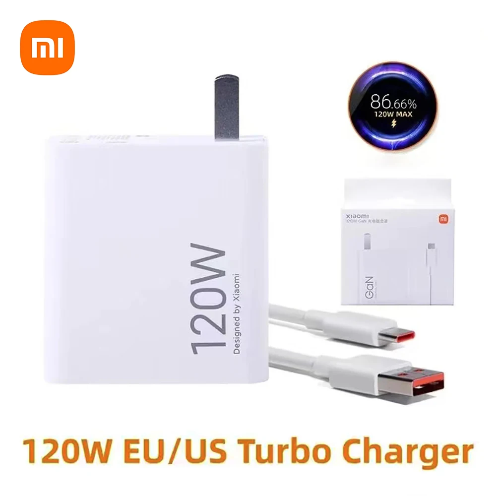 شاحن Xiaomi 120W الأصلي للولايات المتحدة والاتحاد الأوروبي مخرج USB-A سريع الشحن مع كابل 6A Type-c هو نفس الطراز الأصلي Mi 14
