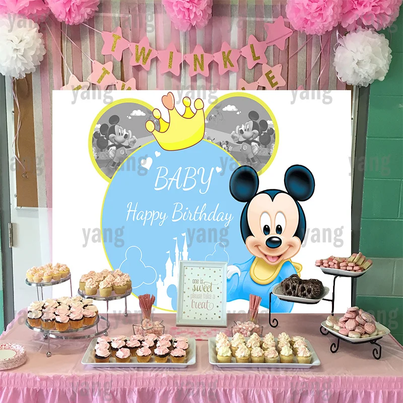 Cute Cartoon Custom Disney Lovely Baby Mickey Mouse Golden Grown Blue Backdrop Birthday Party Decoration Photography Background