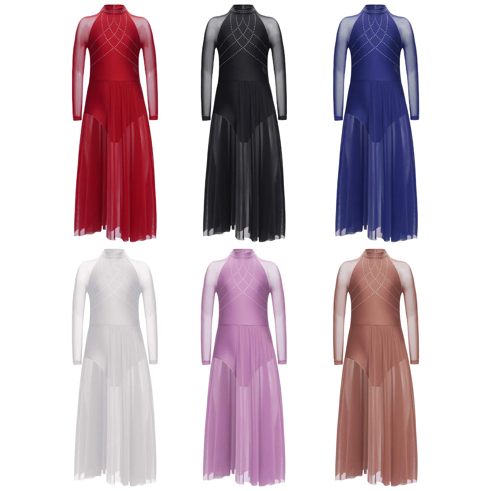 

Girls Lyrical Dance Costume Shiny Rhinestones Sheer Mesh Patchwork Flowy Split Dress Keyhole Back Long Sleeve Leotard Dresses