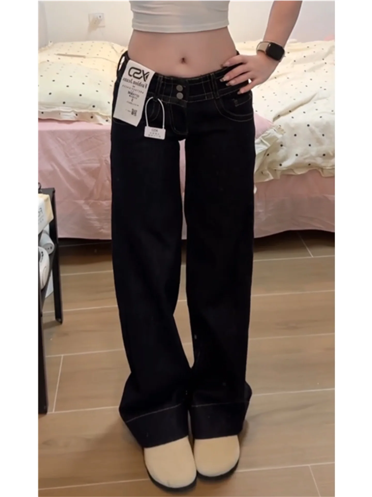 

Винтажные джинсы-клеш в американском стиле с низкой талией, женские свободные утягивающие брюки с высокой талией и широкими штанинами, весенняя мода для женщин