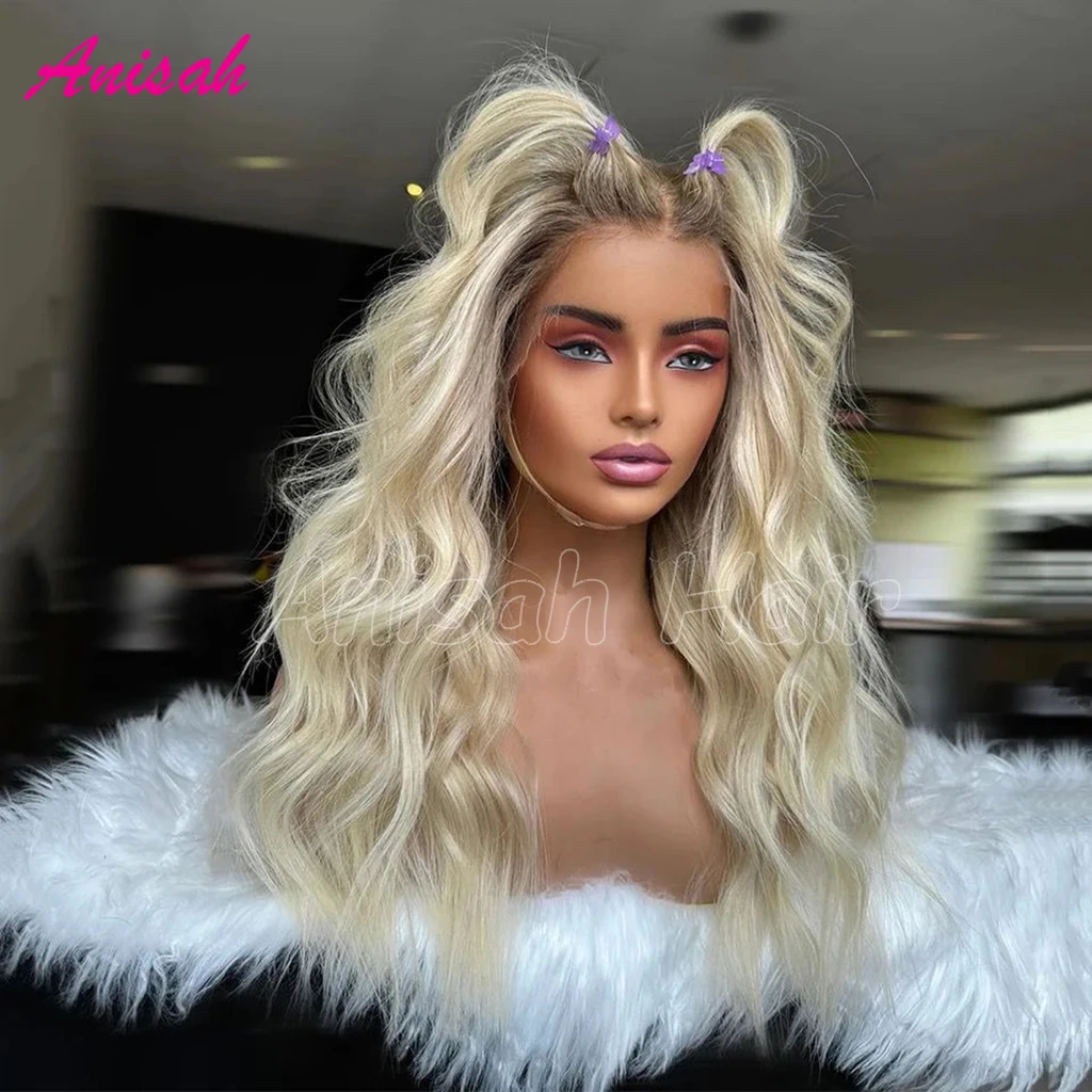 Ombre Blonde 13X4 Transparent Lace Front Human Hair Wig for Women Dark Root Body Wave Blonde 5X5 Lace Closure Wig Pre Plucked image 3