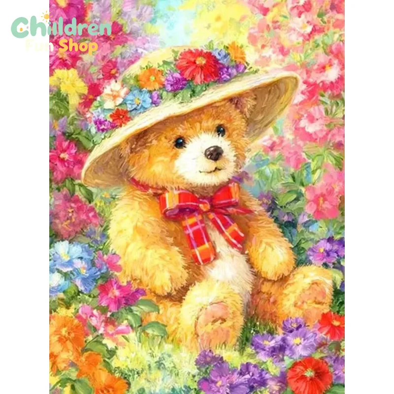 5D DIY Diamond Painting Kit Garden Teddy Bear Blooming Flowers Art Full Drill Mosaic Wall Decor Gift For Home,No Frame