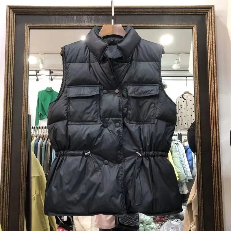 High-Quality Down Vest Jacket Women2024New Waist Stand Collar Sleeveless Coat Korean Parkas Waistcoat Fashion Outcoat Ladies Top
