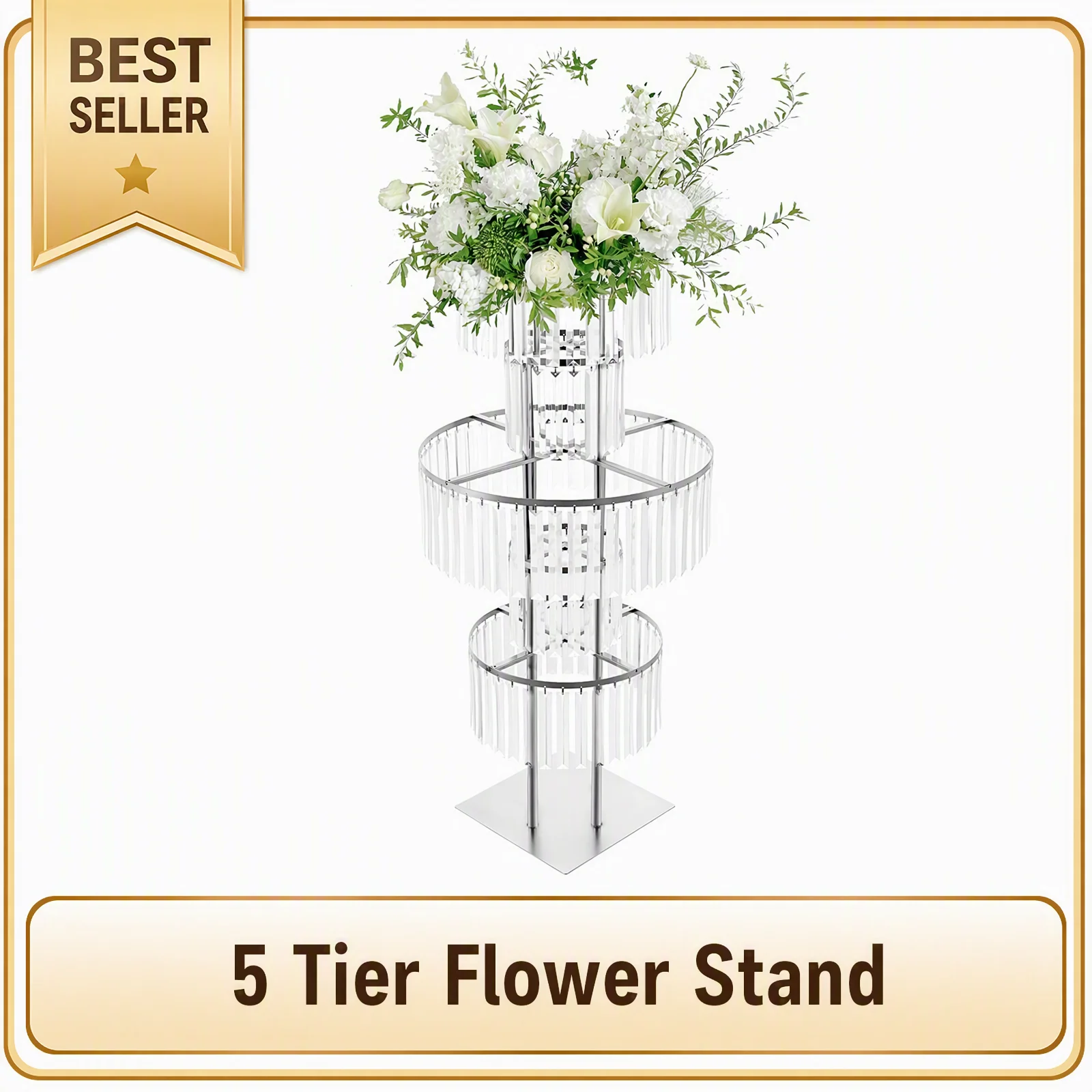 5 Tier Silver Electroplated Iron Flower Stand With Square Base Clear Acrylic Crystal Pendants Floor Display Rack Detachable Design For Wedding Party Birthday Event Home Floral Decor