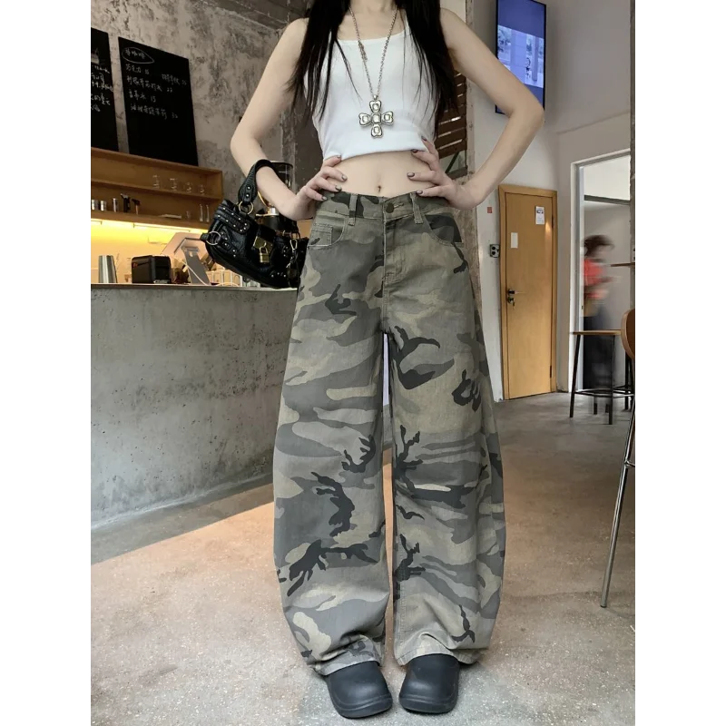 

New American Retro Camouflage Wide-leg Jeans Women in Spring and Autumn Loose High Waist Straight-leg Casual Trousers
