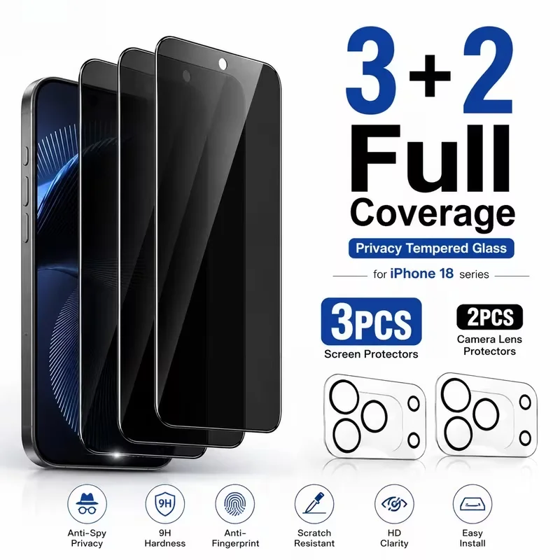 5-IN-1 SET SUITABLE FOR IPHONE 18/17/17AIR/16E/16/15/14/13 PRO MAX/PRO SERIES: INCLUDING 3 ANTI PEEPING TEMPERED GLASS FILMS AND 2 CAMERA PROTECTORS, FULL SCREEN COVERAGE, PRIVACY PROTECTION, EASY INSTALLATION, DESIGNED SPECIFICALLY FOR IPHONE 18 PRO MAX