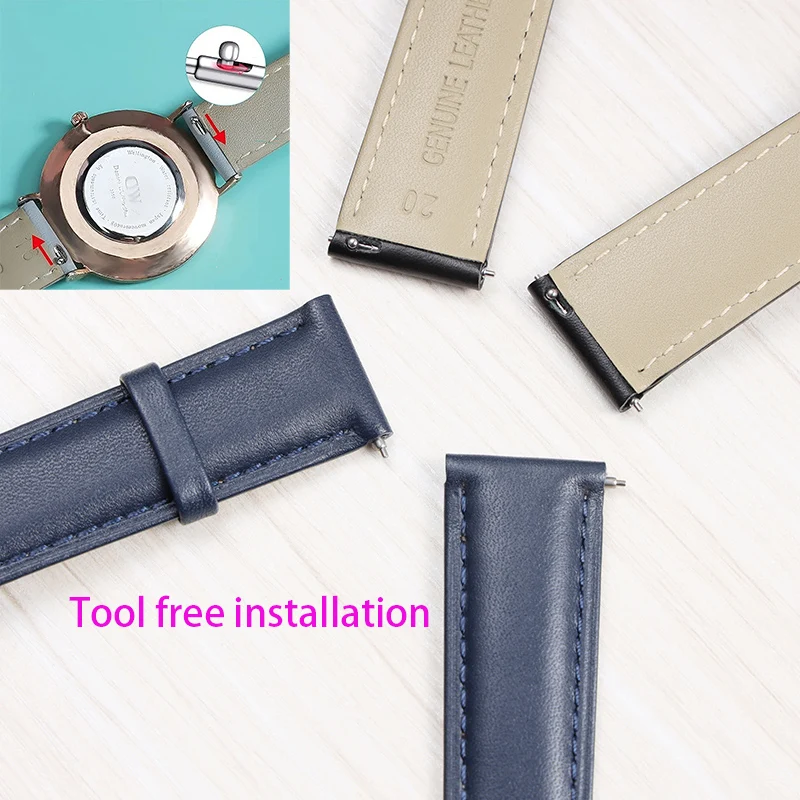 Quick release Smooth Genuine Calfskin Leather Watchband 14/18/20/ 22mm Straps with Solid Butterfly Buckle Business Watchband