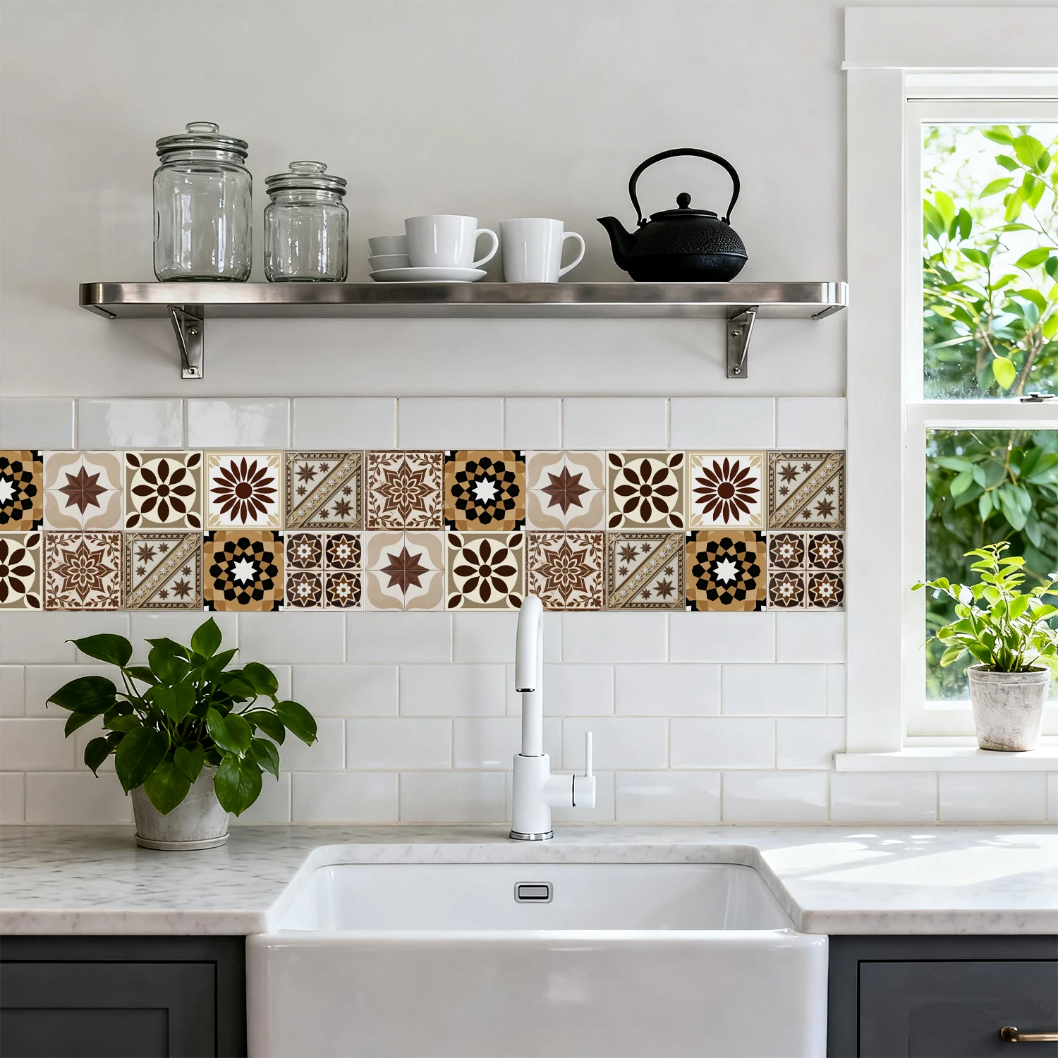 24pcs Morandi Brown Floral Tile Combination Self-Adhesive Wall Stickers, Removable Decorative Stickers for Rental Home Renovatio
