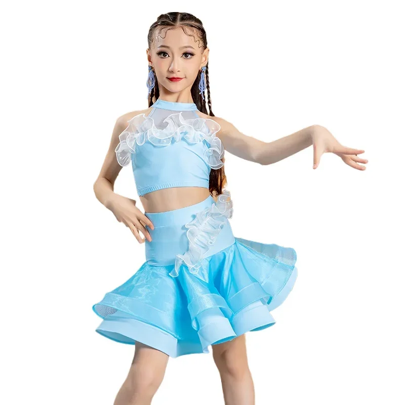 meisjes Latin dansjurk, Latin dans1 stuk/Baggio kinderen en kostuum, Sasha kostuum, zwart en blauw ballroom tango jurk