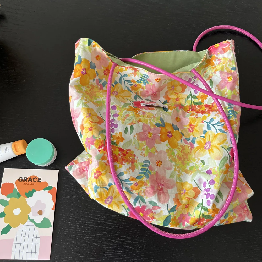 

Contrast Color Floral Ladies Cotton Shoulder Bags Retro Flower Women's Vacation Handbags Lightweight Casual Female Shopping Bag