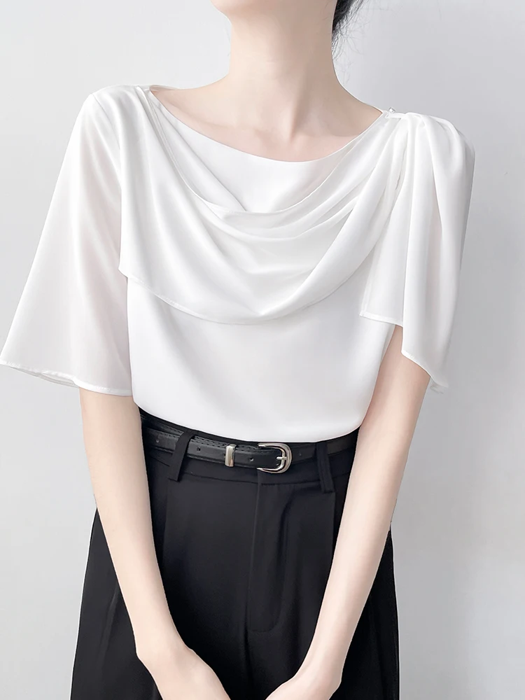 

Korean Sle Commute White Chiffon irt Women's Summer New Versatile ort Sve Swing Collar Pleated Top Breathable Skin-F...